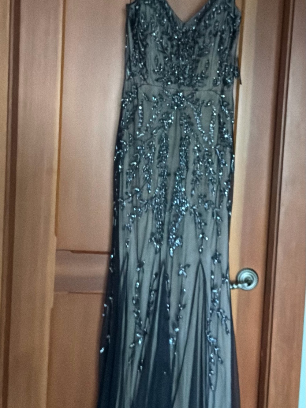 MARINA Black Beaded V-Neck Evening Gown
